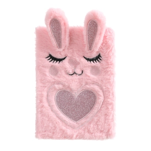 Detail of pink plush notebook featuring a 3D cartoon bunny face and sequin heart design