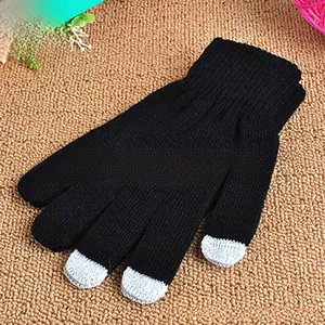 Detailed view of the three-finger touch screen conductive fibers on black knit gloves