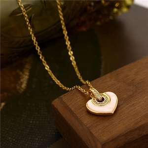 18K gold titanium steel necklace with heart-shaped mother of pearl pendant and zircons