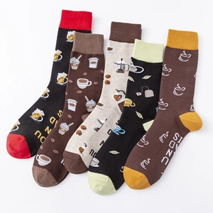 Five pack of cotton crew socks featuring coffee and tea themed patterns in earth tones
