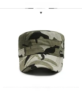 Detailed front view of jungle camouflage flat top military cap with Sport metal label