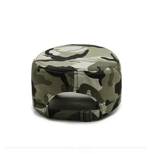Rear view of camouflage military cap showing adjustable metal buckle and durable fabric