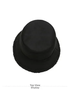 Top view of black cotton bucket hat with textured faux shearling plush trim detail