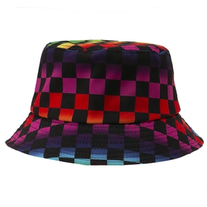 Rainbow plaid bucket hat featuring a vibrant gradient checkerboard pattern on canvas fabric