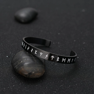Black titanium steel Viking bangle for men with luminous Rune engraving and open design