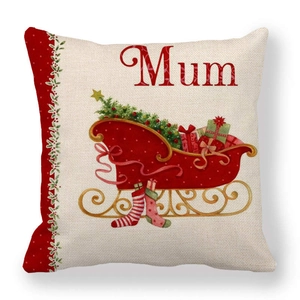 Christmas linen pillowcase with red sled and socks pattern and Mum text on white background