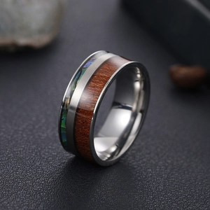 9mm titanium steel ring featuring acacia wood and colorful abalone shell inlay