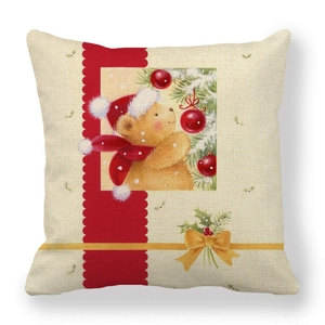 Detail of Christmas teddy bear pillowcase with red wavy trim and linen texture