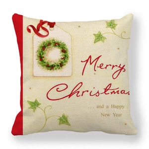 Close-up of linen Christmas pillowcase featuring red Merry Christmas typography print