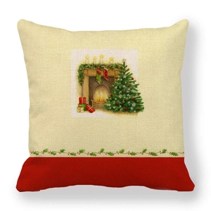 Close-up of minimalist linen Christmas pillowcase with red patchwork bottom on white background