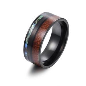 Detail of 9mm titanium steel ring with koa wood inlay and abalone shell accent