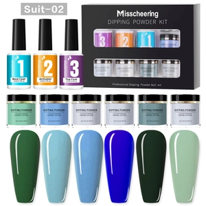 Detailed nail dipping powder kit with 6 color jars and 3 base liquids on white background