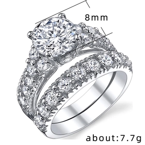Luxus 8mm runder Zirkonia Brautring Set in Weißgold Optik Verlobung Hochzeit Ringe
