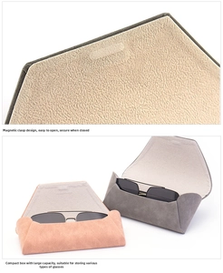 Magnetic clasp detail and open view of the foldable suede eyewear case in two colors