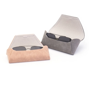 Foldable triangular PU leather eyewear case in pinkish brown and grey tones