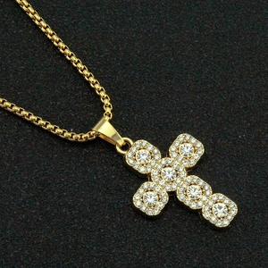 Collier pendentif croix dorée hip hop pour homme avec strass en cristal étincelants