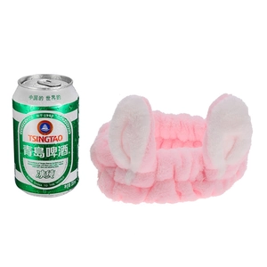 Pink plush bunny ear headband for face washing with soft elastic coral fleece material