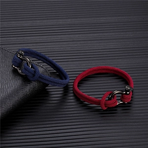 Navy and burgundy woven rope bracelets with black stainless steel U-shaped horse shoe buckles