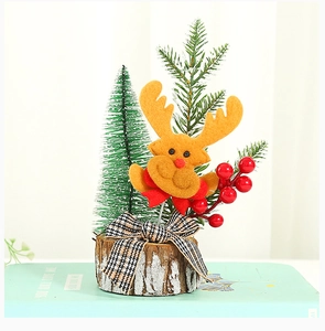 Mini Christmas tree ornament with wooden base, felt reindeer, red berries and plaid bow