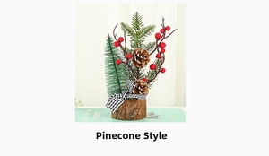 Mini Christmas tree detail with pinecones, red berries, and natural wood base