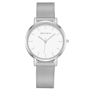 Minimalist silver stainless steel mesh watch for women with clean white dial