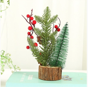 Miniature Christmas tree on wood base with green needles and red berries detail