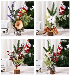 Detail shots of four mini Christmas desktop trees with berries, cones and cotton elements