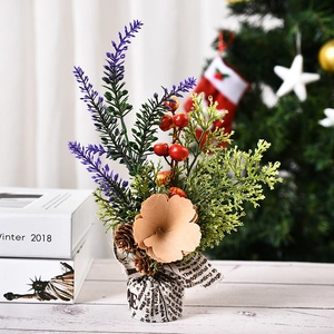 Mini eucalyptus artificial potted plant with red berries and pine cones in linen bag