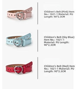 Kids PU leather belts in pink blue red featuring heart-shaped cutouts and 90cm length