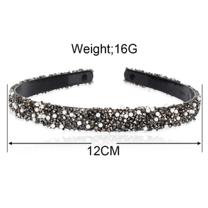 Retro black headband with dark grey crystals and white pearls, weight 16g and width 12cm