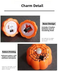 Detail of Halloween LED pumpkin lamp showing base switch and spider web pattern