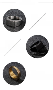 Detailed view of polished 316L stainless steel signet rings in silver, black and gold finishes