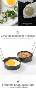 Macro detail of round non-stick egg mold featuring a foldable heat-resistant handle
