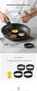 5-piece non-stick round egg ring set with four metal molds and one silicone oil brush