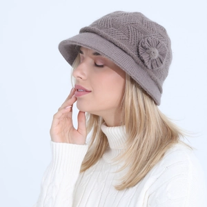Side view of gray knit flower beanie for women with warm fleece lining texture