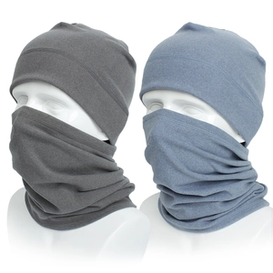 Close-up of winter fleece hat and neck warmer set with elastic windproof fabric texture