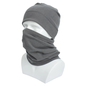 Detail of gray fleece winter beanie and neck warmer set on a white mannequin torso