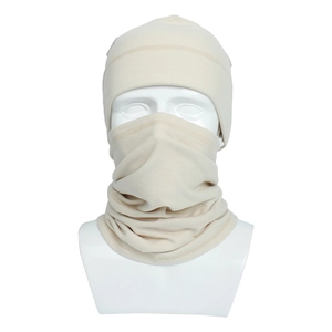Detail view of winter thermal fleece beanie and neck warmer set in creamy white fabric