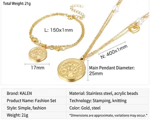 Detailed size chart for golden stainless steel tree of life necklace and bracelet set