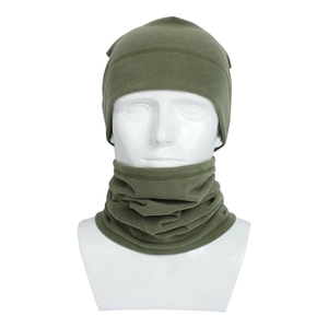 Detail of military green fleece beanie and neck warmer set for outdoor winter warmth