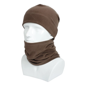 Close-up of thermal fleece winter hat and neck warmer set in dark brown for outdoor cycling