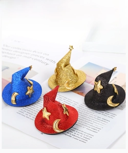 Mini glitter wizard hats in blue gold red and black with crescent moon and star details