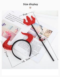 Detailed size view of red sequin devil horn headband and trident stick for Halloween