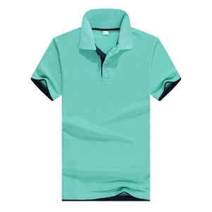 Mint green short-sleeved cotton polo shirt with navy blue contrast trim on collar and cuffs