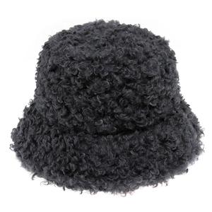 Detailed texture of thick dark grey faux fur on a cozy winter bucket hat for women