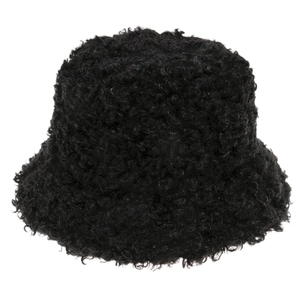 Close-up of black curly faux fur material on this warm winter bucket hat for women