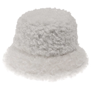 Close-up of plush white faux lamb wool texture on a stylish winter bucket hat
