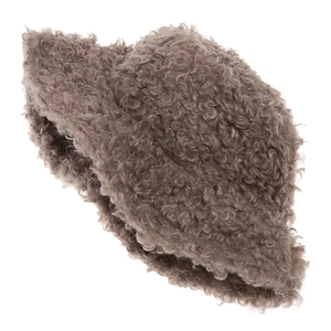 Plush faux shearling bucket hat in dark coffee brown with cozy curly texture for winter