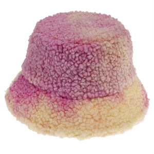 Winter tie-dye bucket hat in pink and yellow thickened warm lamb wool for women