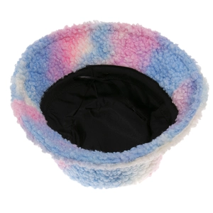 Plush tie-dye bucket hat in pink and blue sherpa fleece with adjustable inner strap